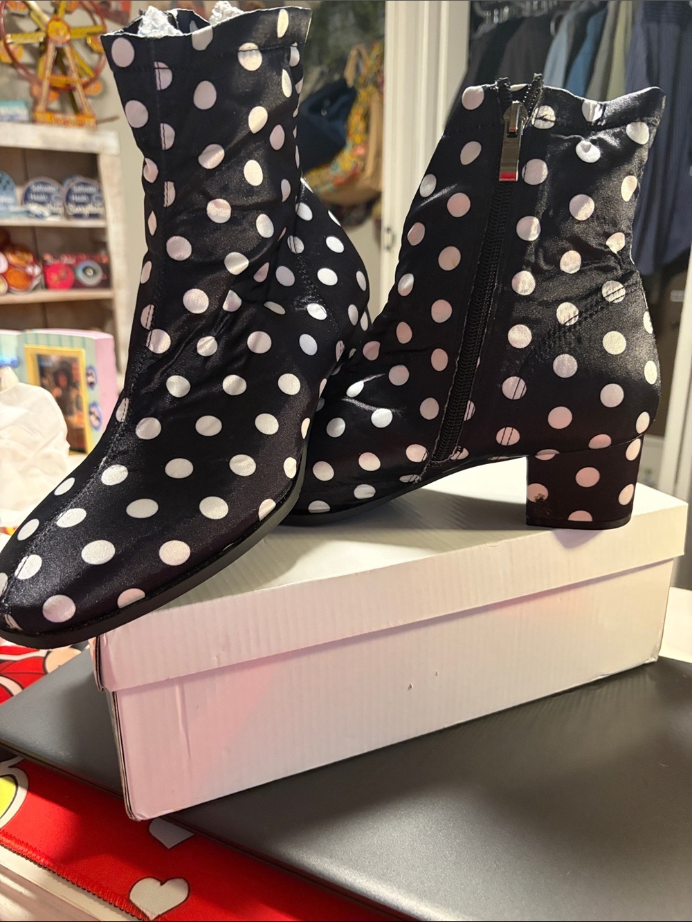 Black and White Polka Dot Ankle Boots - Women's Fashion Booties. Size 9
